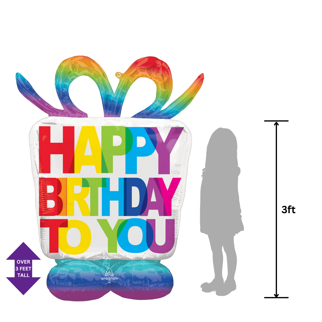 Rainbow giftbox foil balloon with happy birthday text birthday theme from Parte Haus party supply store in Bethesda Maryland