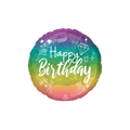 Rainbow holographic foil balloon with Happy Birthday text birthday theme from Parte Haus party supply store in Bethesda MD.