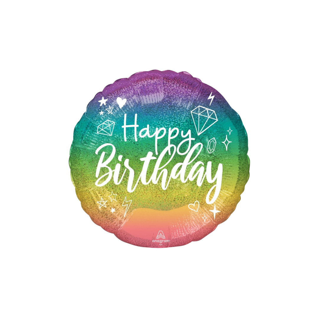 Rainbow holographic foil balloon with Happy Birthday text birthday theme from Parte Haus party supply store in Bethesda MD.