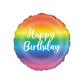 Rainbow ombre foil balloon with Happy Birthday text birthday theme from Parte Haus party supply store in Bethesda MD.
