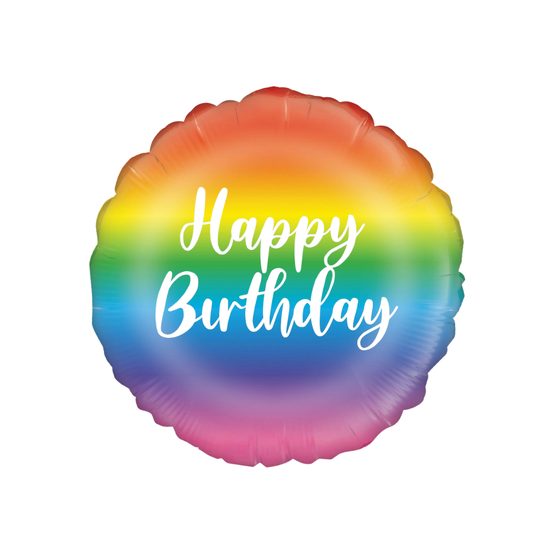 Rainbow ombre foil balloon with Happy Birthday text birthday theme from Parte Haus party supply store in Bethesda MD.