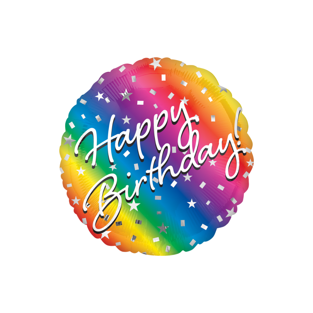 Rainbow ombre 18in happy birthday foil balloon with confetti accents – from Parte Haus party supply store in Bethesda, Maryland.