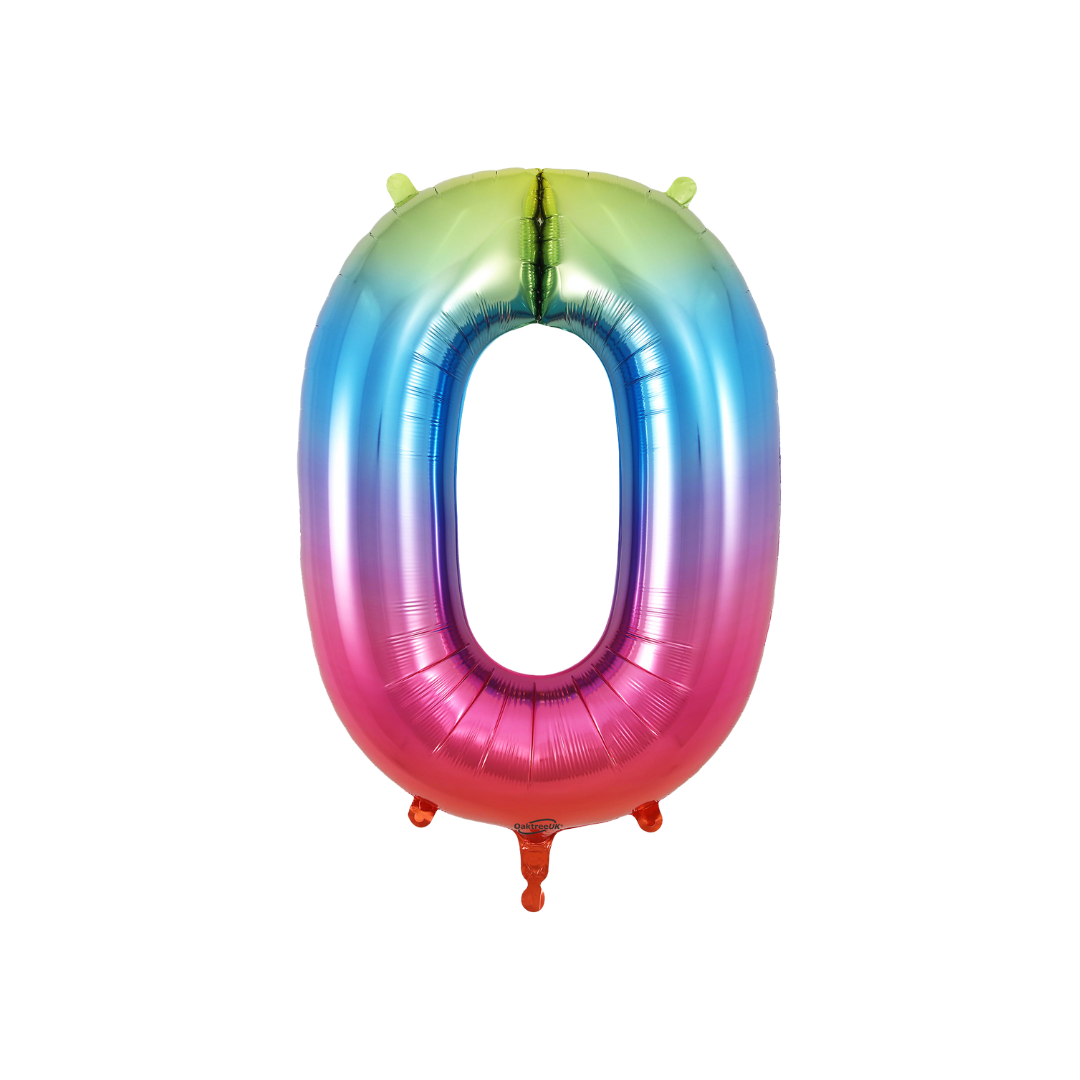 Rainbow ombre 34in number 0 foil balloon for birthday and milestone parties – from Parte Haus party supply store in Bethesda, MD.