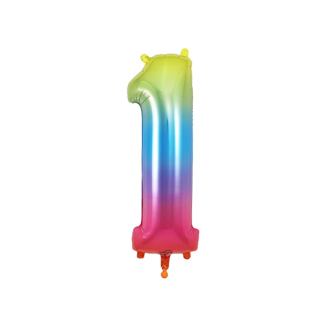 Rainbow ombre number 1 foil balloon birthday decoration from Parte Haus party supply store in Bethesda Maryland