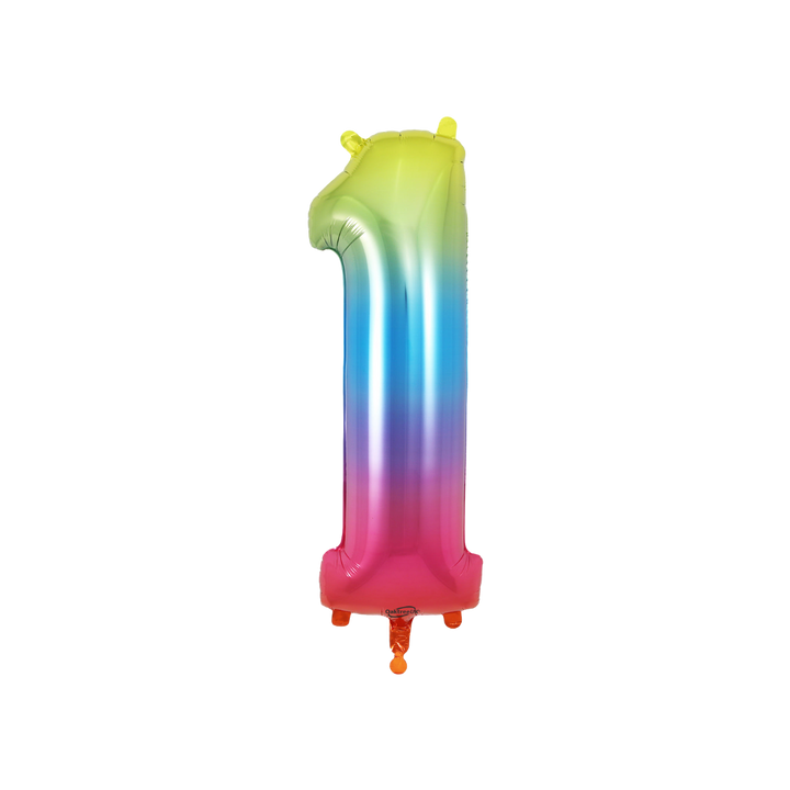 Rainbow ombre 34in number 1 foil balloon for birthday and milestone parties – from Parte Haus party supply store in Bethesda, MD.