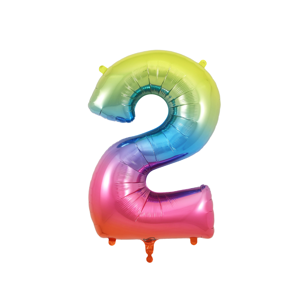 Rainbow ombre 34in number 2 foil balloon for birthday and milestone parties – from Parte Haus party supply store in Bethesda, Maryland.