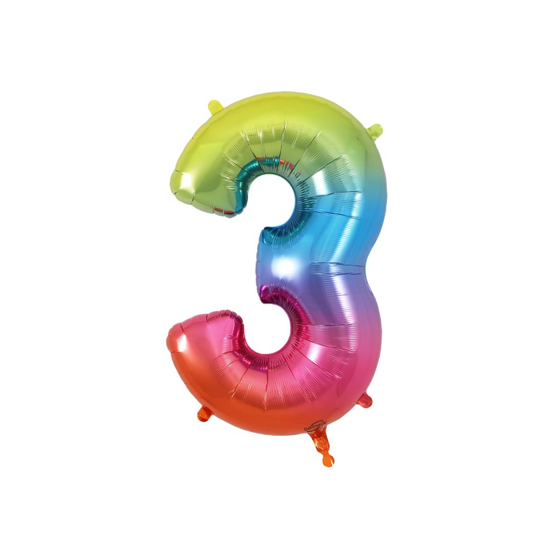 Rainbow ombre 34in number 3 foil balloon for birthday and milestone parties – from Parte Haus party supply store in Bethesda, MD.