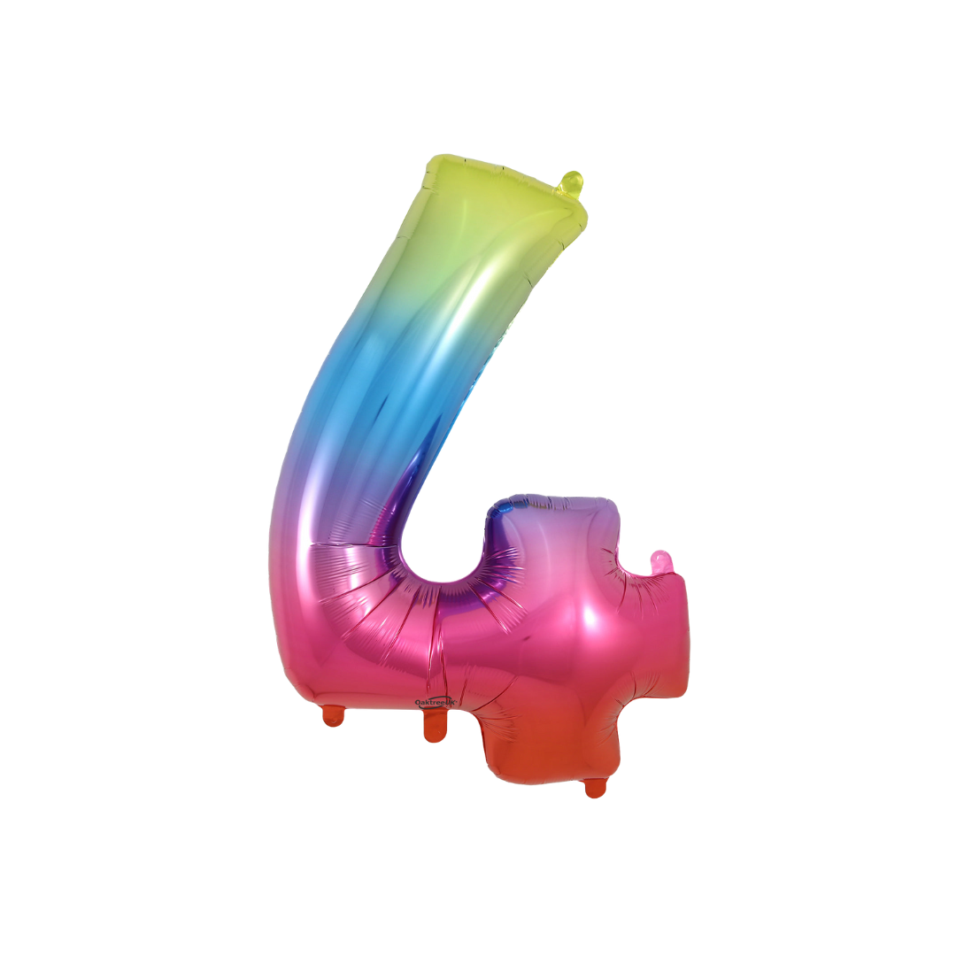 Rainbow ombre 34in number 4 foil balloon for birthday and milestone parties – from Parte Haus party supply store in Bethesda, Maryland.