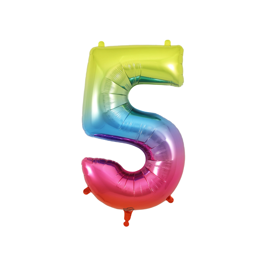Rainbow ombre 34in number 5 foil balloon for birthday and milestone parties – from Parte Haus party supply store in Bethesda, MD.