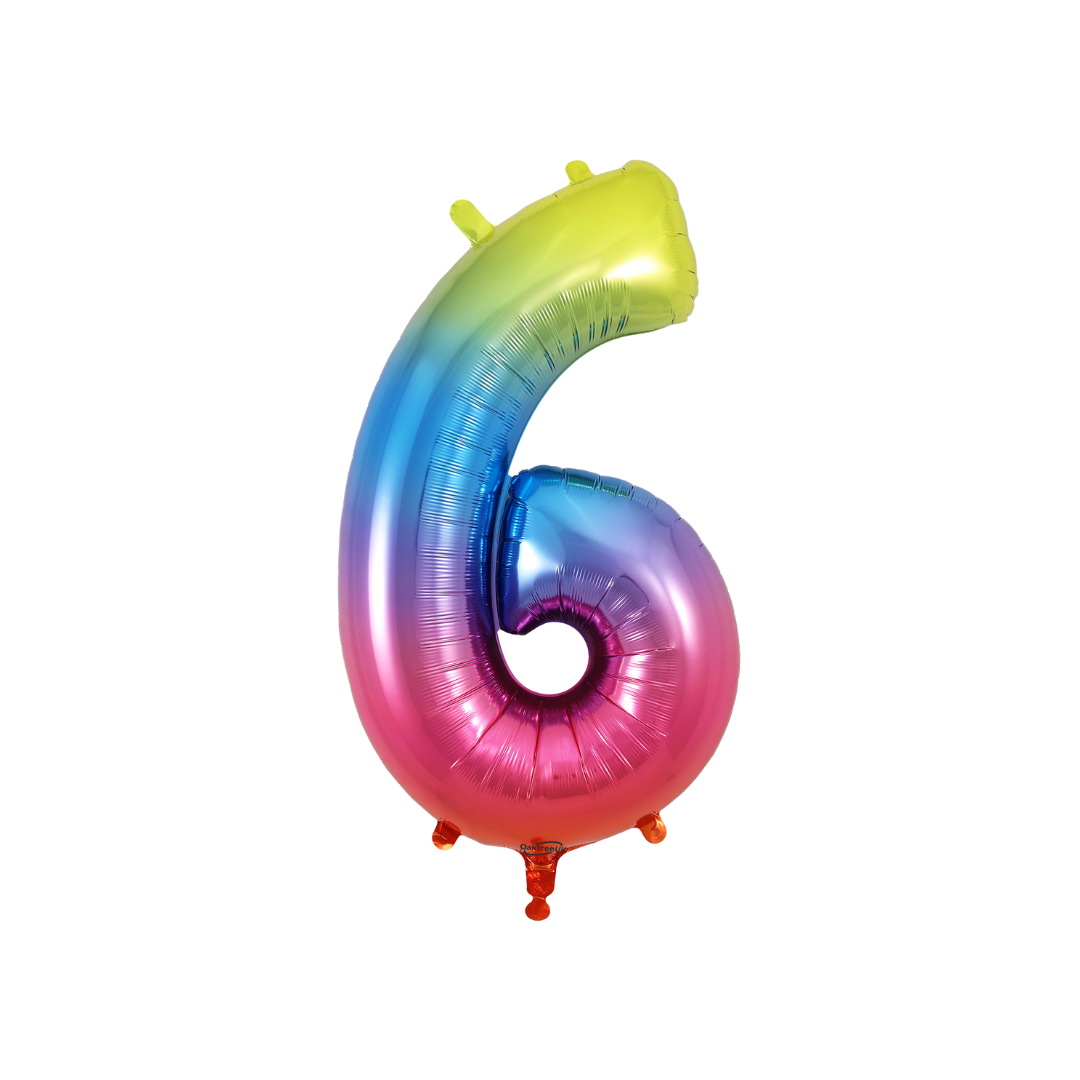 Rainbow ombre 34in number 6 foil balloon for birthday and milestone parties – from Parte Haus party supply store in Bethesda, Maryland.
