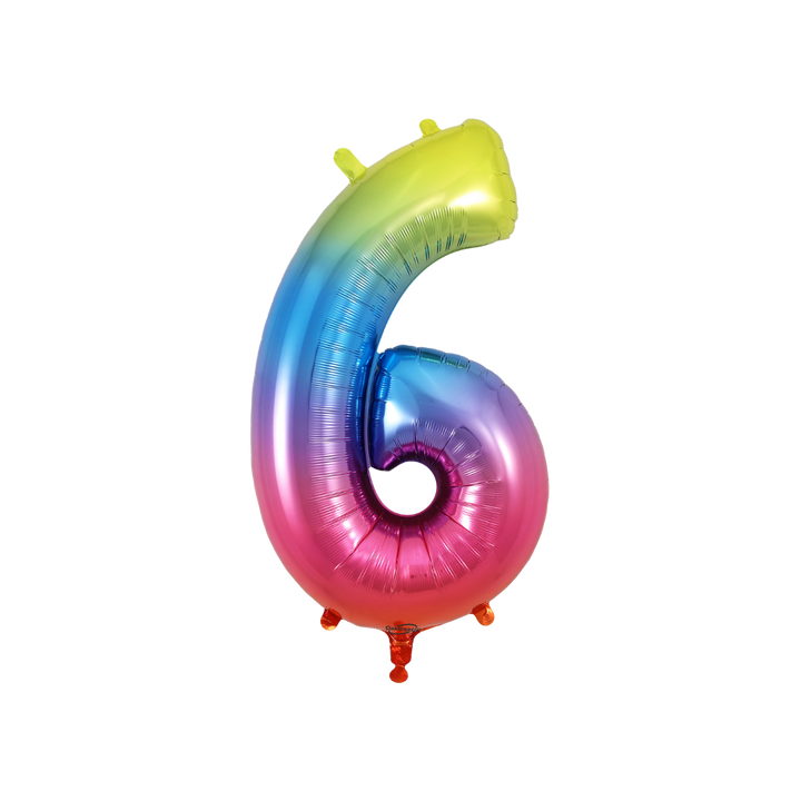 Rainbow ombre 34in number 6 foil balloon for birthday and milestone parties – from Parte Haus party supply store in Bethesda, Maryland.