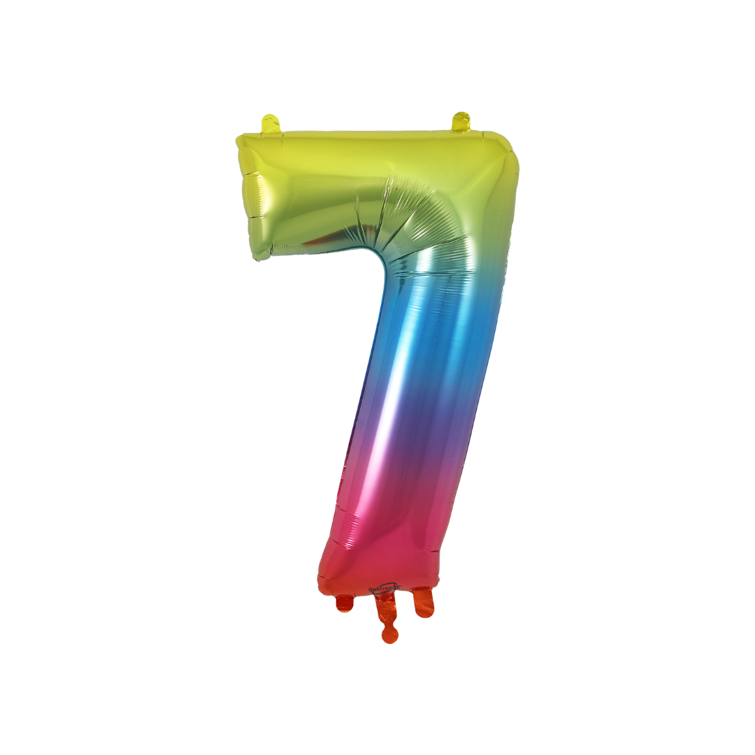 Rainbow ombre 34in number 7 foil balloon for birthday and milestone parties – from Parte Haus party supply store in Bethesda, Maryland.