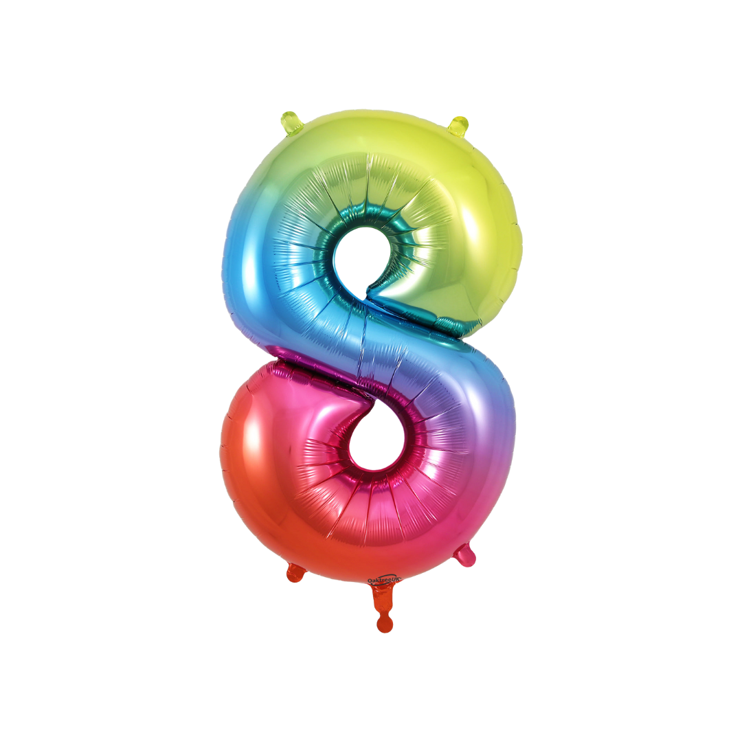 Rainbow ombre 34in number 8 foil balloon for birthday and milestone parties – from Parte Haus party supply store in Bethesda, MD.