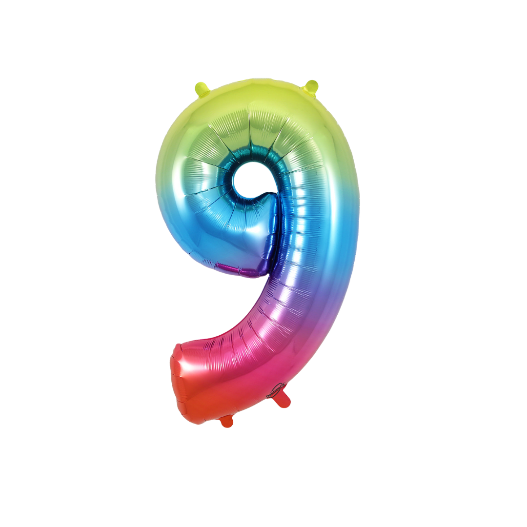Rainbow ombre 34in number 9 foil balloon for birthday and milestone parties – from Parte Haus party supply store in Bethesda, Maryland.