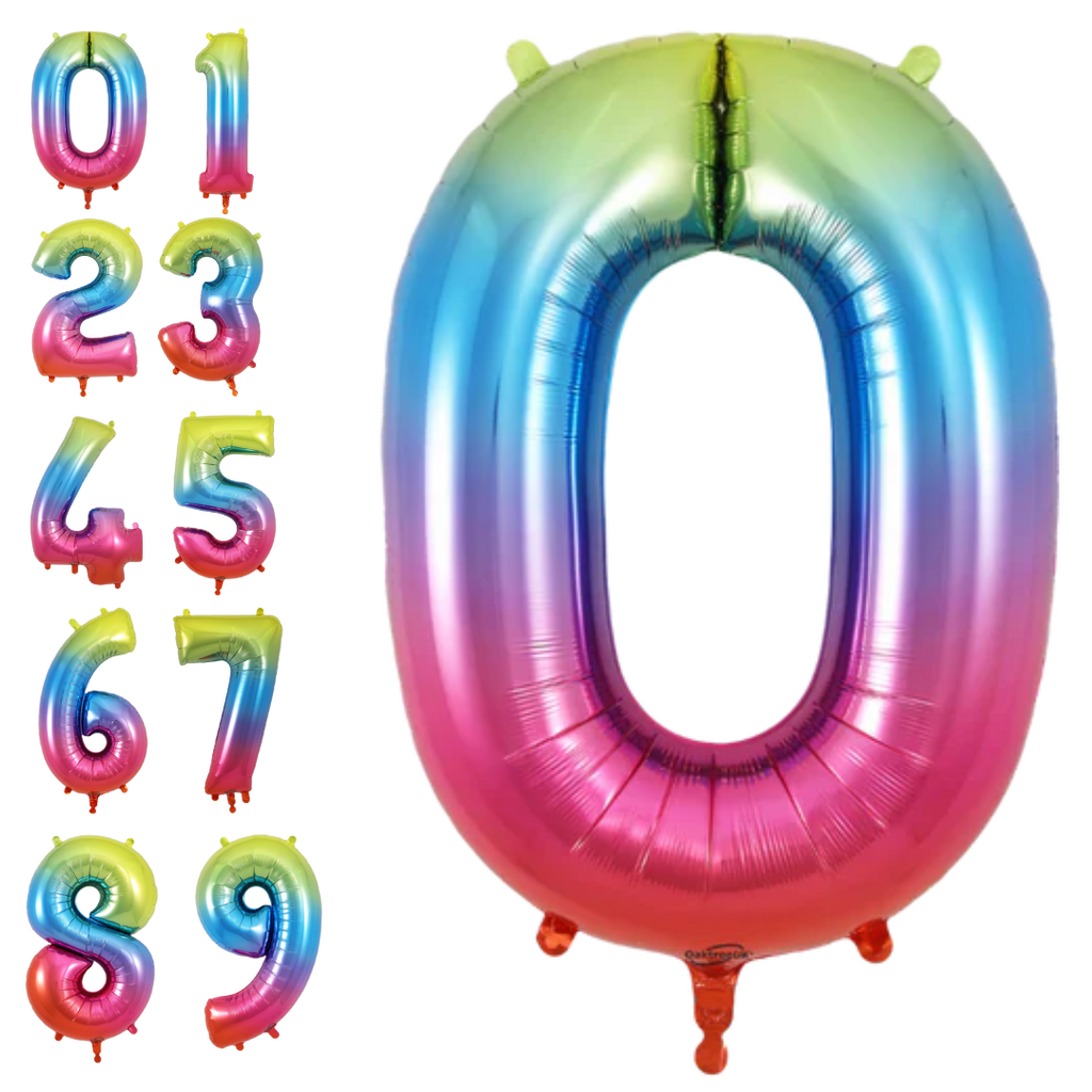 Rainbow ombre number foil balloon set for birthday milestone from Parte Haus party supply store in Bethesda MD
