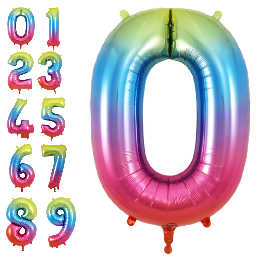 Rainbow ombre number foil balloon set for birthday milestone from Parte Haus party supply store in Bethesda MD