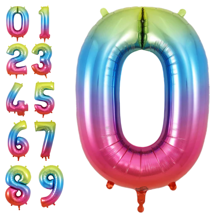 Rainbow ombre 34in number foil balloon for birthday and milestone parties – from Parte Haus party supply store in Bethesda, Maryland.