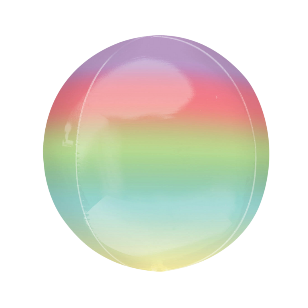 Rainbow ombre 16in orbz foil balloon with pastel gradient finish – from Parte Haus party supply store in Bethesda, Maryland.
