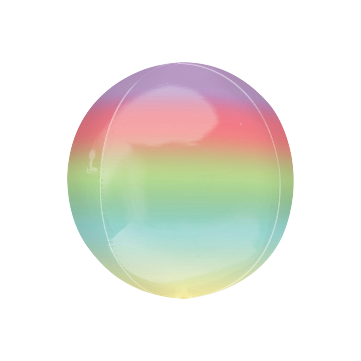 Rainbow ombre 16in orbz foil balloon for rainbow, unicorn, princess, and pride party décor – from Parte Haus party supply store in Bethesda, MD.