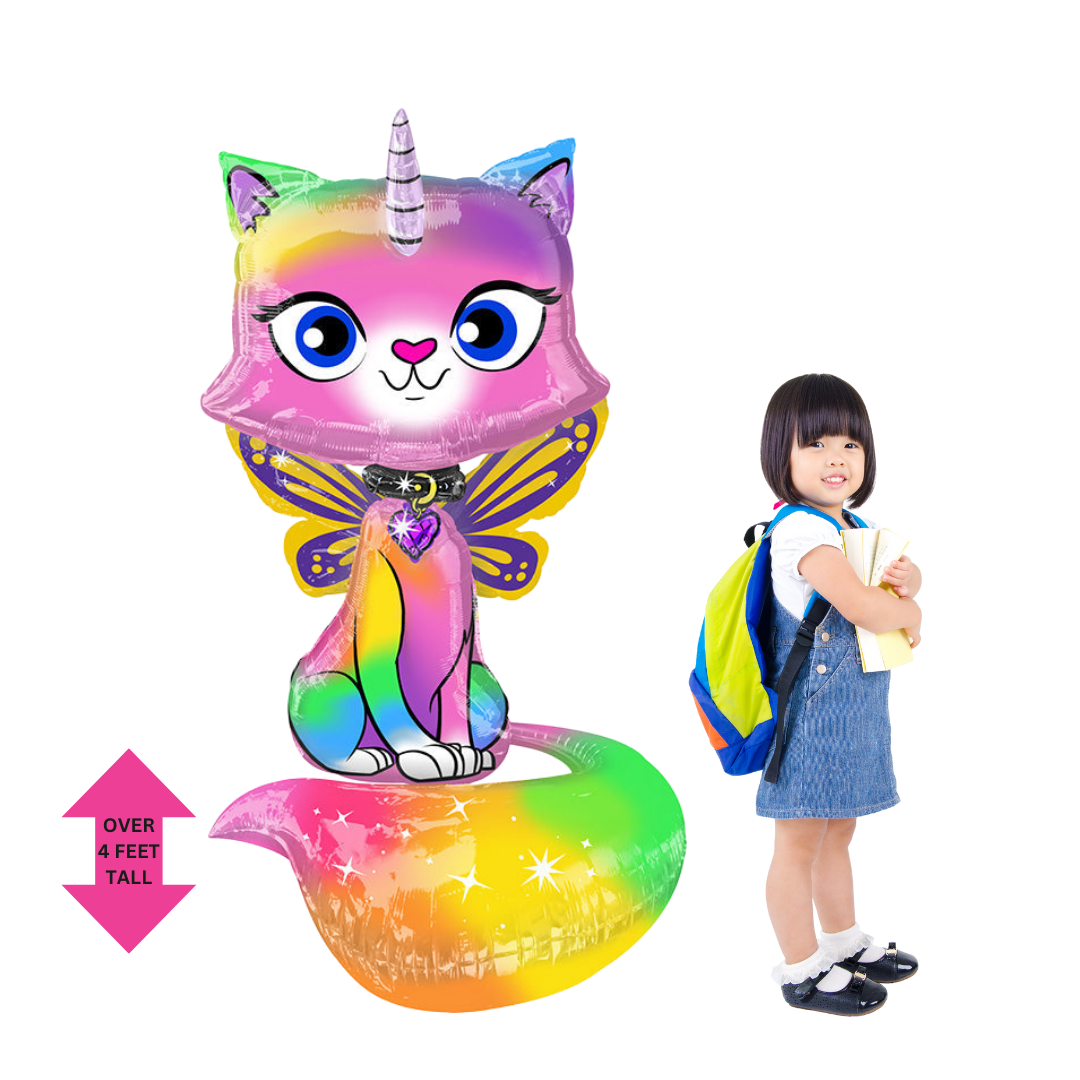 Rainbow ombre unicorn kitty foil balloon large size birthday decoration from Parte Haus party supply store in Bethesda MD