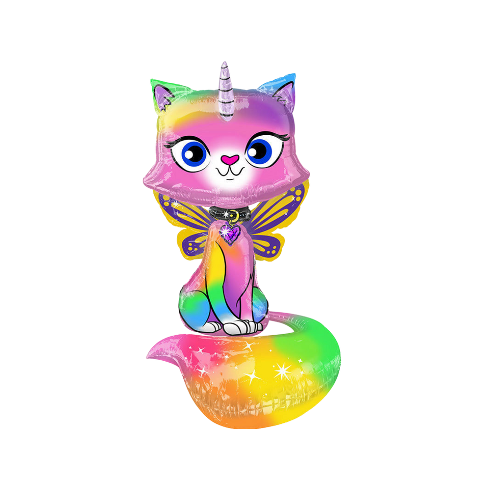 Rainbow ombre unicorn kitty foil balloon with butterfly wings birthday theme from Parte Haus party supply store in Bethesda MD