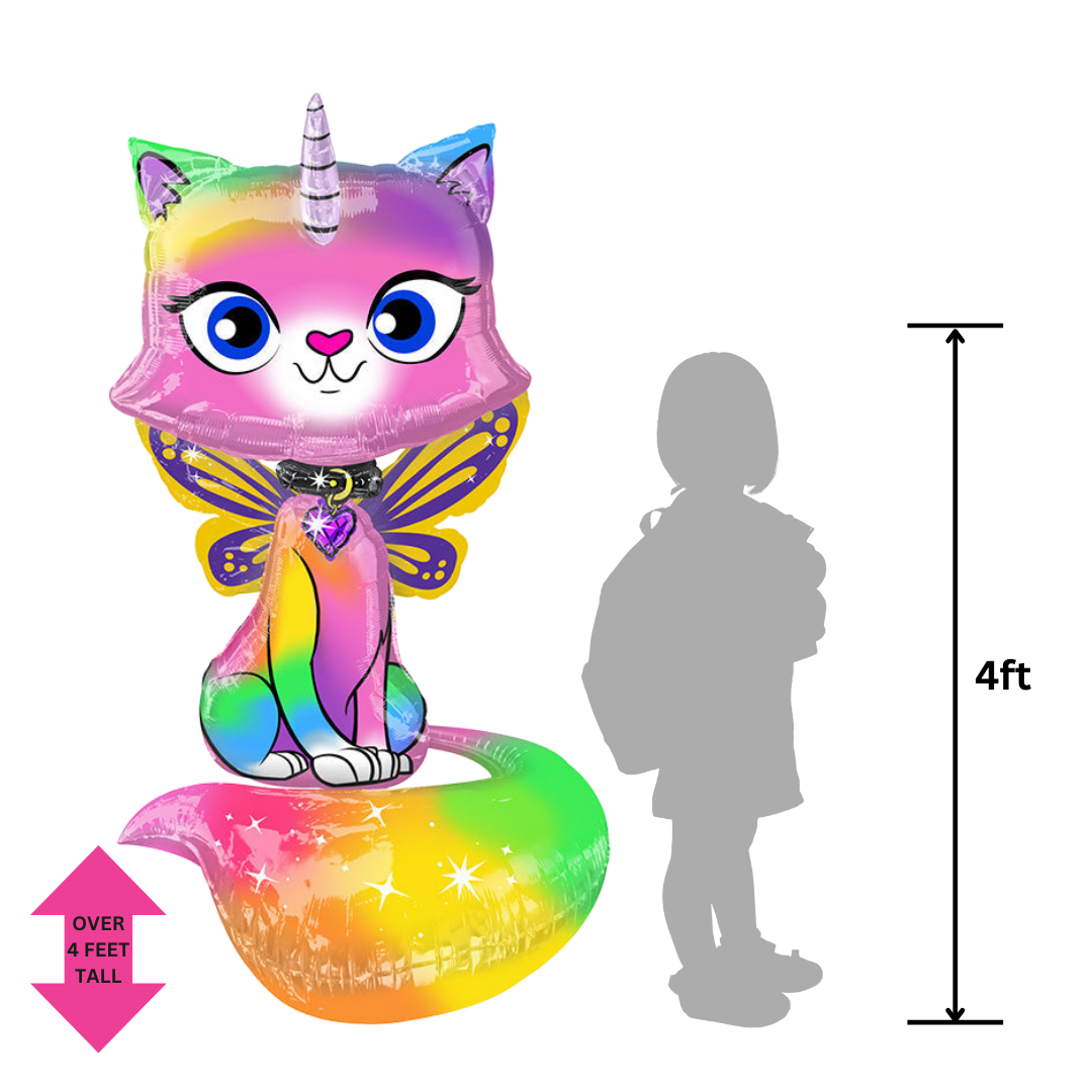 Rainbow ombre unicorn kitty foil balloon with butterfly wings birthday from Parte Haus party supply store in Bethesda MD