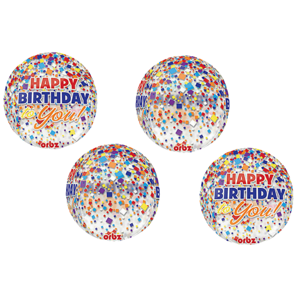 Rainbow orbz foil balloon with confetti and happy birthday message for birthday from Parte Haus party supply store in Bethesda MD