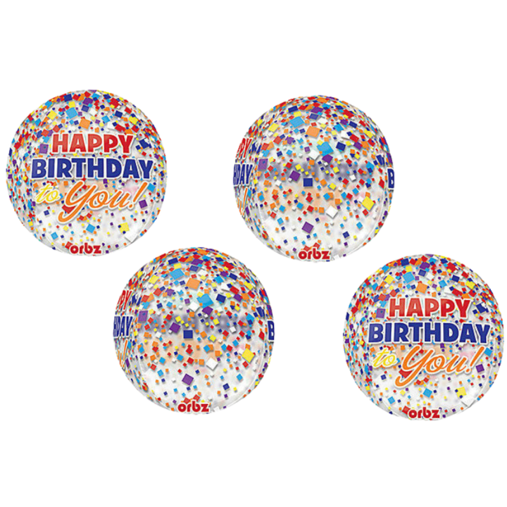 Rainbow confetti 16in orbz foil balloon with colorful “Happy Birthday” design – from Parte Haus party supply store in Bethesda, Maryland.