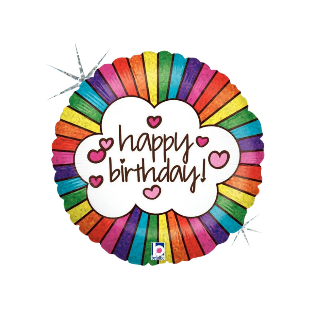 Rainbow retro 18in happy birthday foil balloon with colorful stripes and cloud design – from Parte Haus party supply store in Bethesda, Maryland.