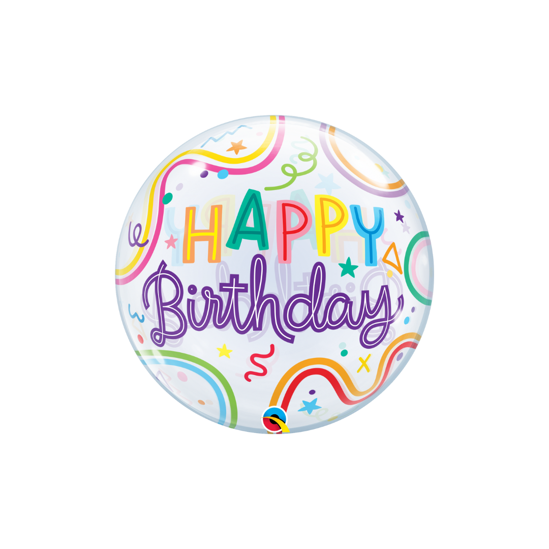 Rainbow transparent 22in happy birthday bubble balloon with colorful swirls and stars – from Parte Haus party supply store in Bethesda, MD.