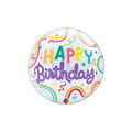 Rainbow transparent happy birthday bubble balloon with colorful confetti for birthday from Parte Haus party supply store in Bethesda MD.