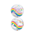 Rainbow unicorn bubble balloon with happy birthday text birthday theme from Parte Haus party supply store in Bethesda Maryland