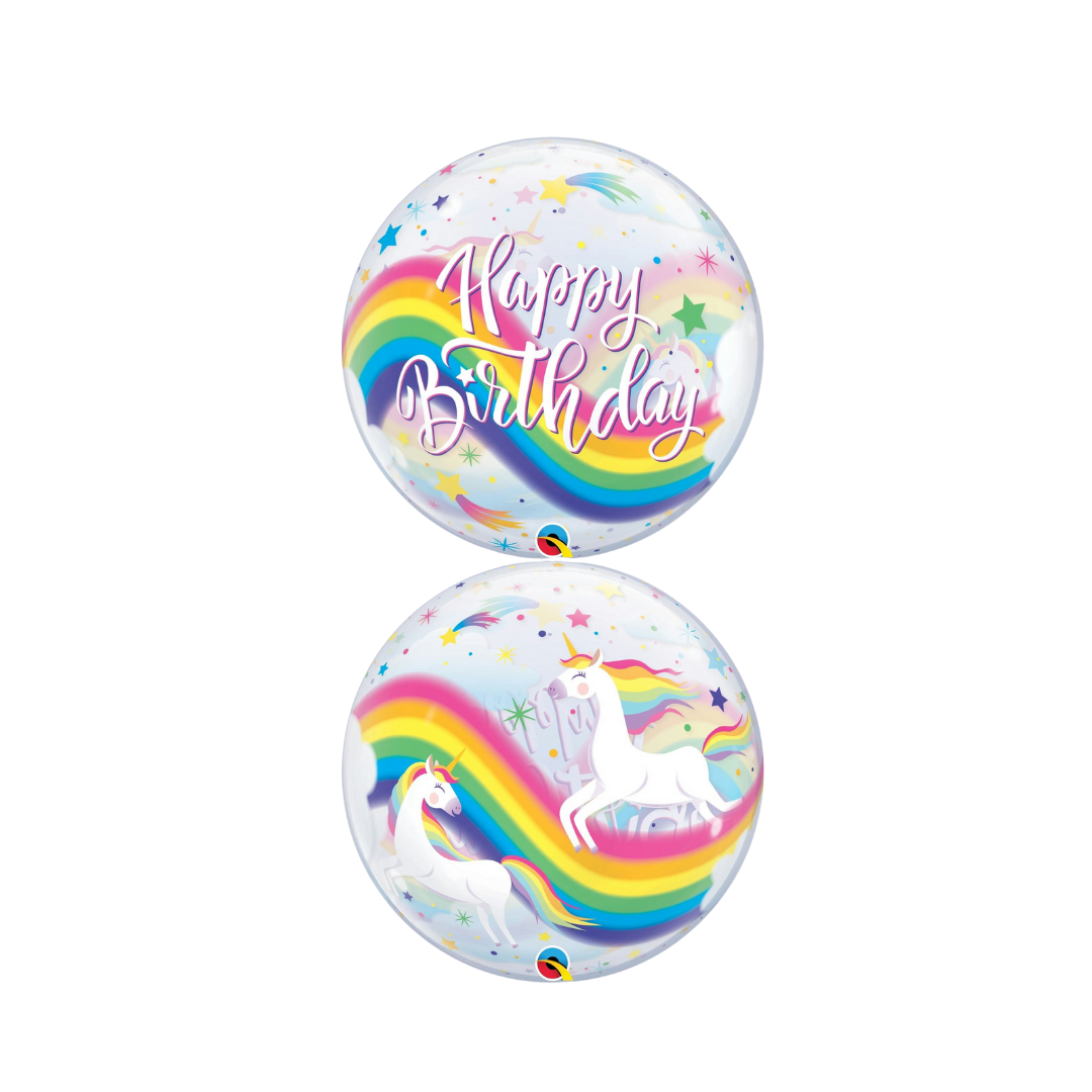 Rainbow unicorn bubble balloon with happy birthday text birthday theme from Parte Haus party supply store in Bethesda Maryland