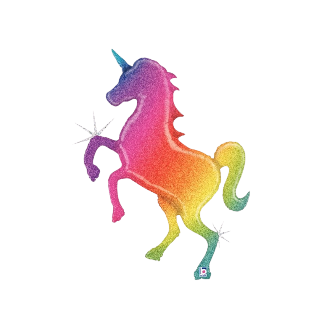 Rainbow 54in holographic unicorn foil balloon for birthday parties from Parte Haus party supply store in Bethesda, MD.