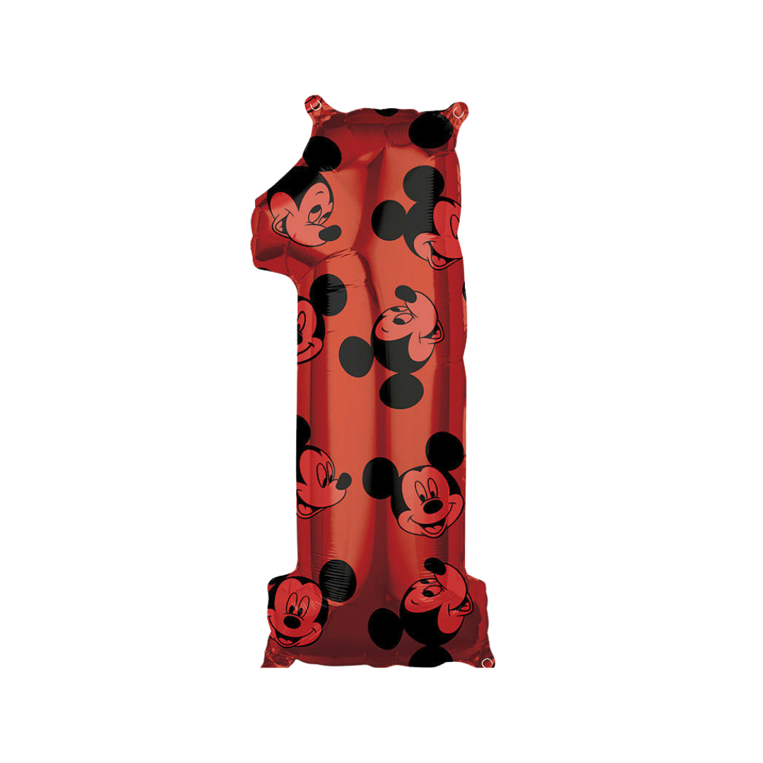 Red and black 26in Mickey Mouse number 1 foil balloon for birthday parties – from Parte Haus in Bethesda, MD.