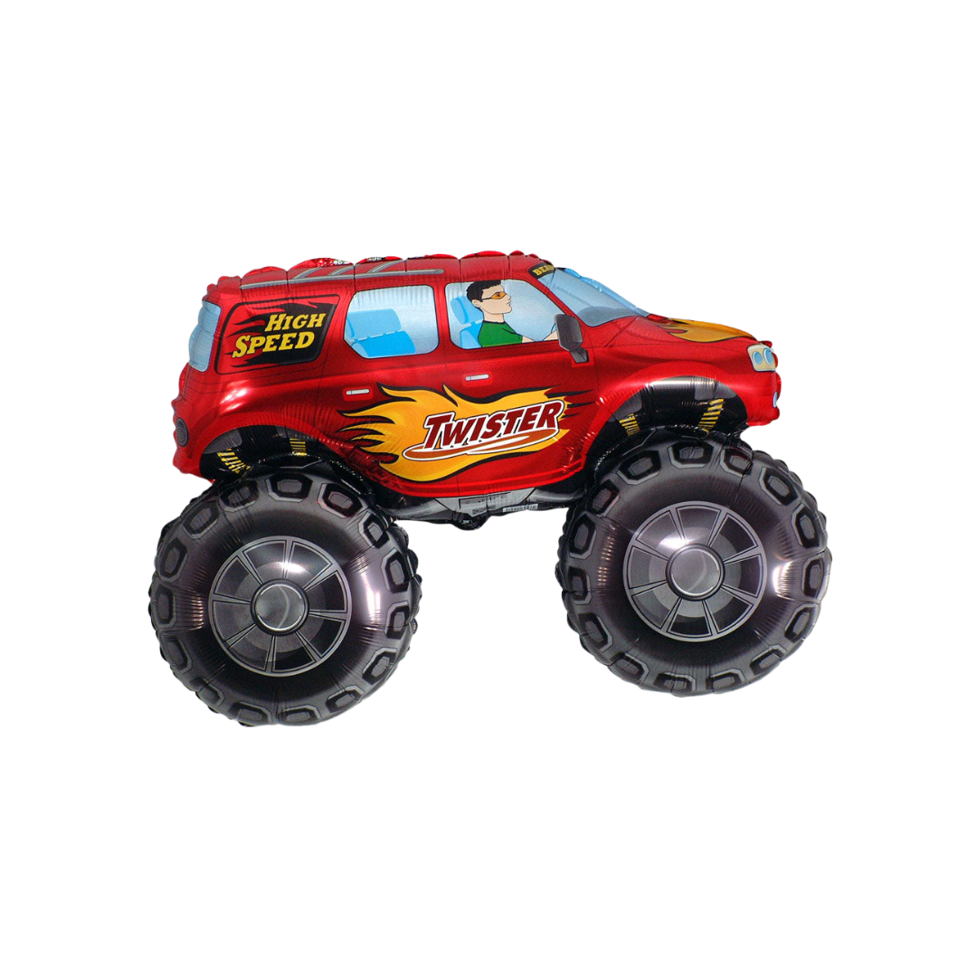 Red black monster truck foil balloon with cartoon design birthday theme from Parte Haus party supply store in Bethesda MD