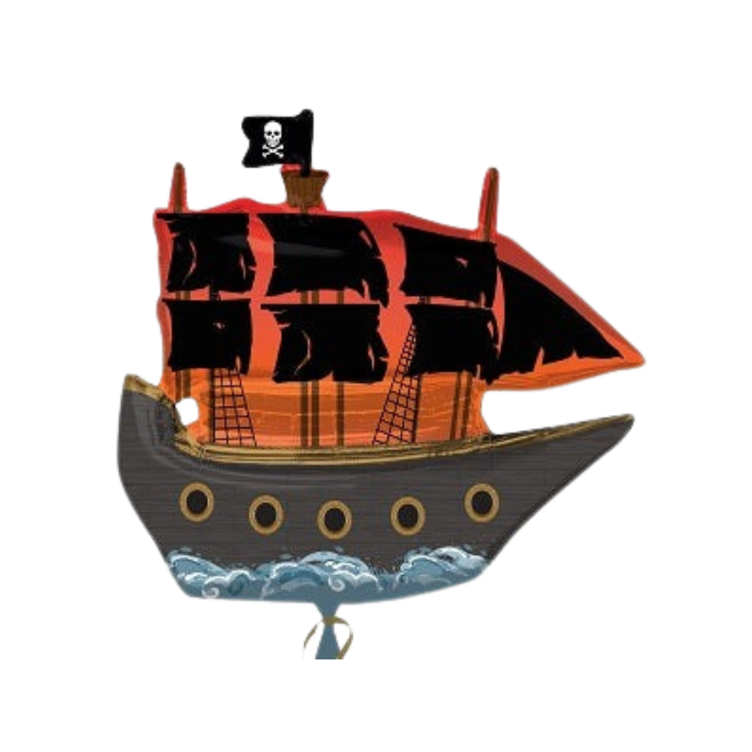 Red black pirate ship foil balloon with skull flag for birthday theme from Parte Haus party supply store in Bethesda Maryland