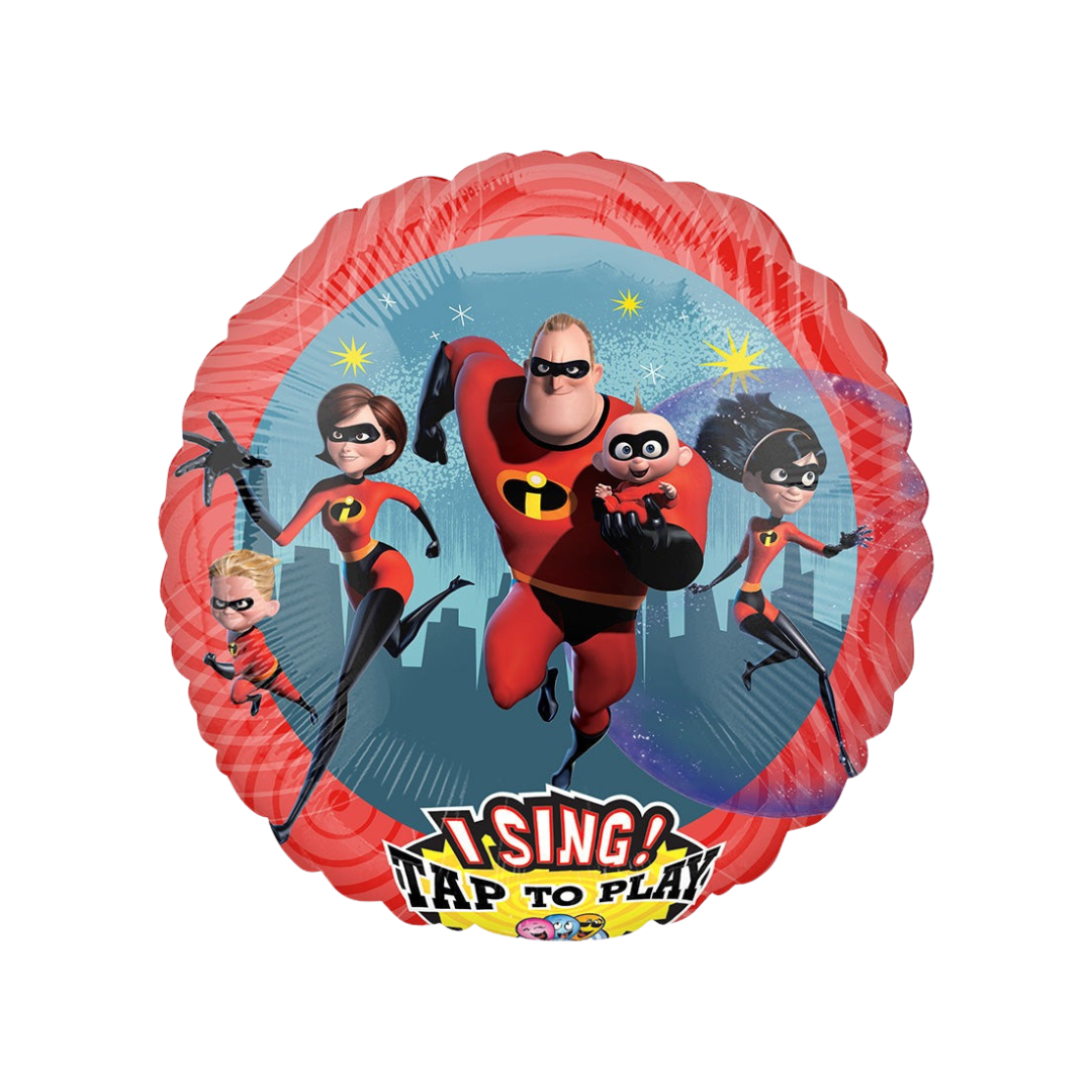 Red and blue 28in Incredibles foil balloon for birthday parties – from Parte Haus party supply store in Bethesda, Maryland.