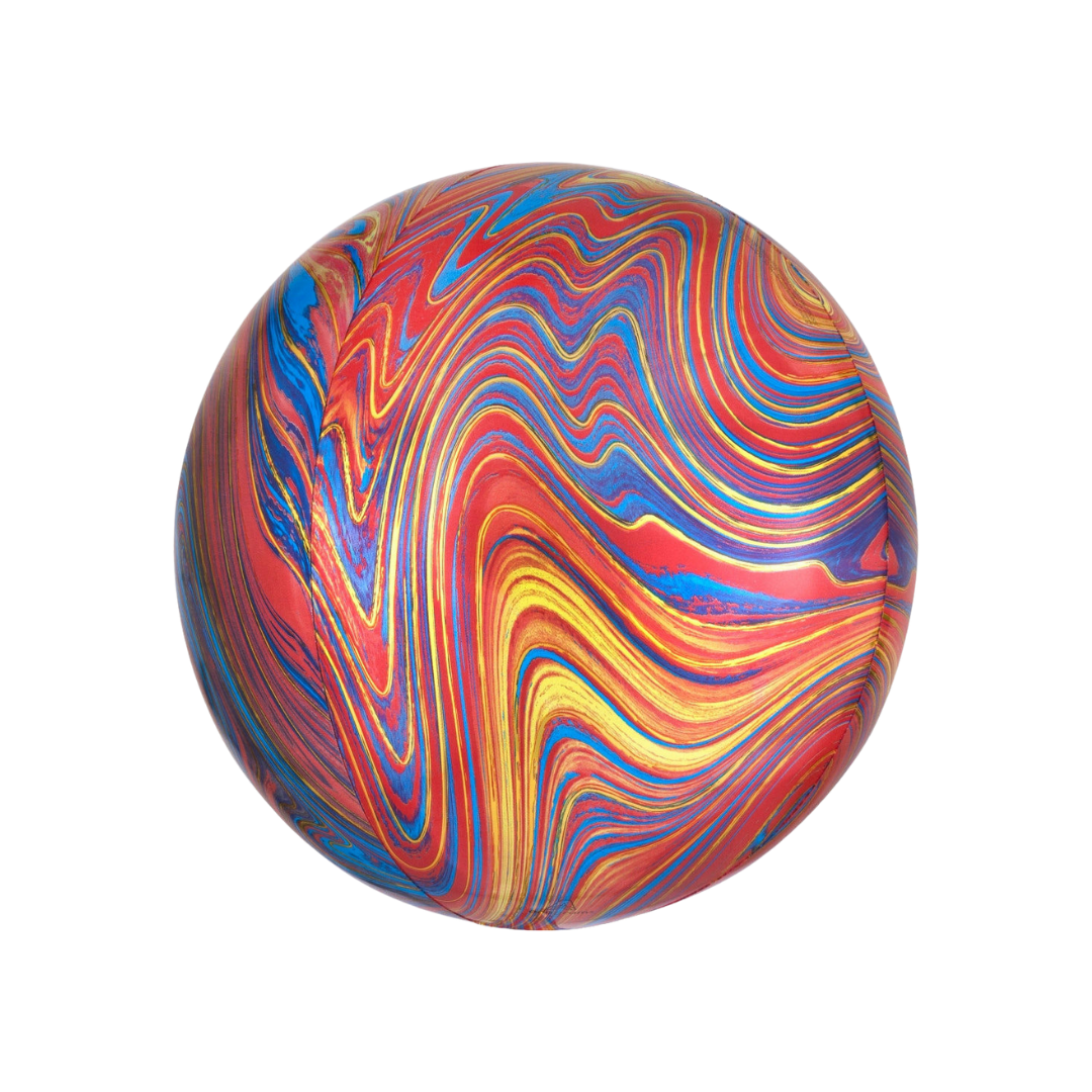 Red and blue 16in marble Orbz foil balloon for birthday parties – from Parte Haus party supply store in Bethesda, MD.