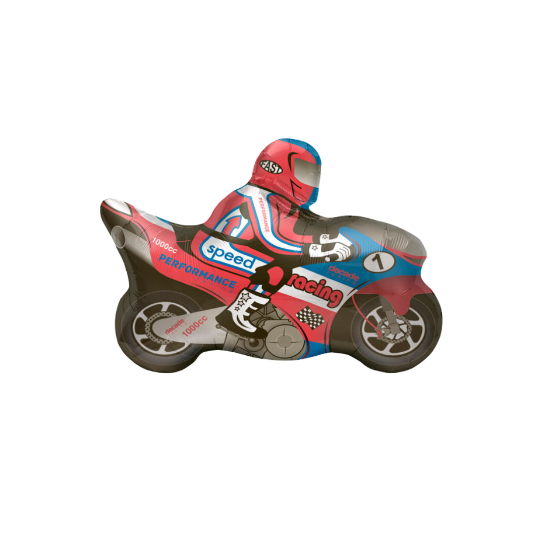 Red blue motorcycle racing foil balloon for birthday theme from Parte Haus party supply store in Bethesda Maryland