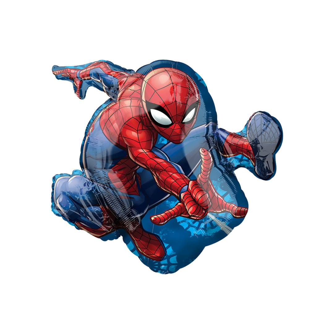 Red and blue 29in Spider-Man foil balloon for birthday parties – from Parte Haus party supply store in Bethesda, Maryland.