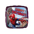 Red blue Spiderman square foil balloon with cityscape Happy Birthday design for kids birthday from Parte Haus party supply store in Bethesda MD