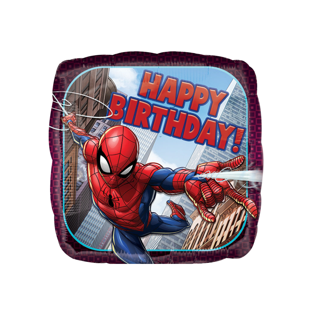 Red blue Spiderman square foil balloon with cityscape Happy Birthday design for kids birthday from Parte Haus party supply store in Bethesda MD