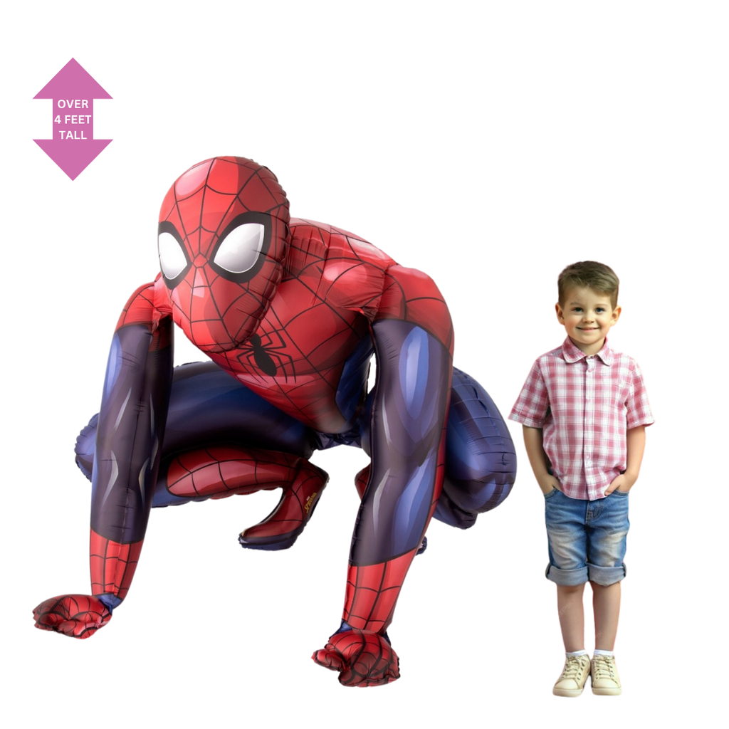 Red blue Spiderman superhero foil balloon crouching for birthday from Parte Haus party supply store in Bethesda MD