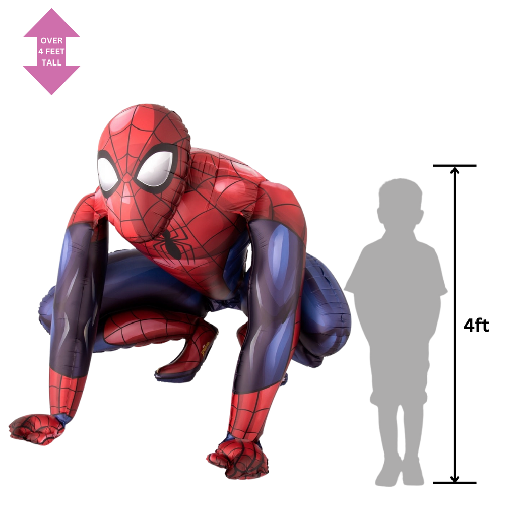 Red blue Spiderman foil balloon crouching superhero decoration for birthday from Parte Haus party supply store in Bethesda MD