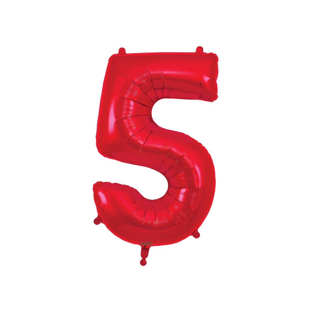 Red 34in number 5 foil balloon for birthday parties – from Parte Haus party supply store in Bethesda, Maryland.