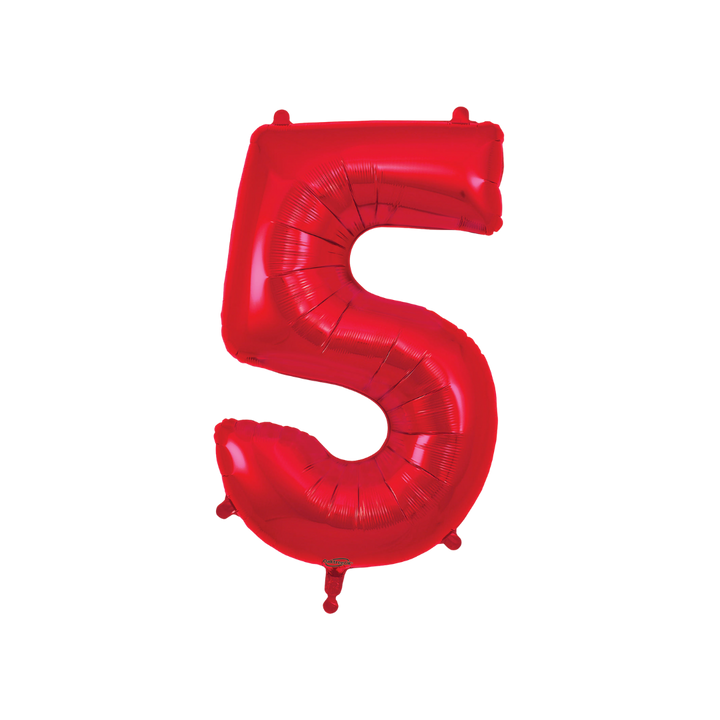 Red 34in number 5 foil balloon for birthday parties – from Parte Haus party supply store in Bethesda, Maryland.