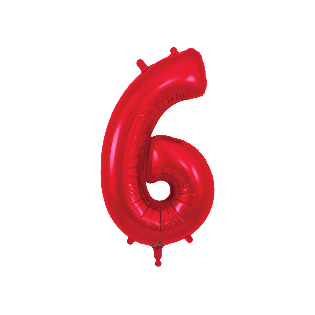 Red 34in number 6 foil balloon for birthday parties – from Parte Haus party supply store in Bethesda, Maryland.