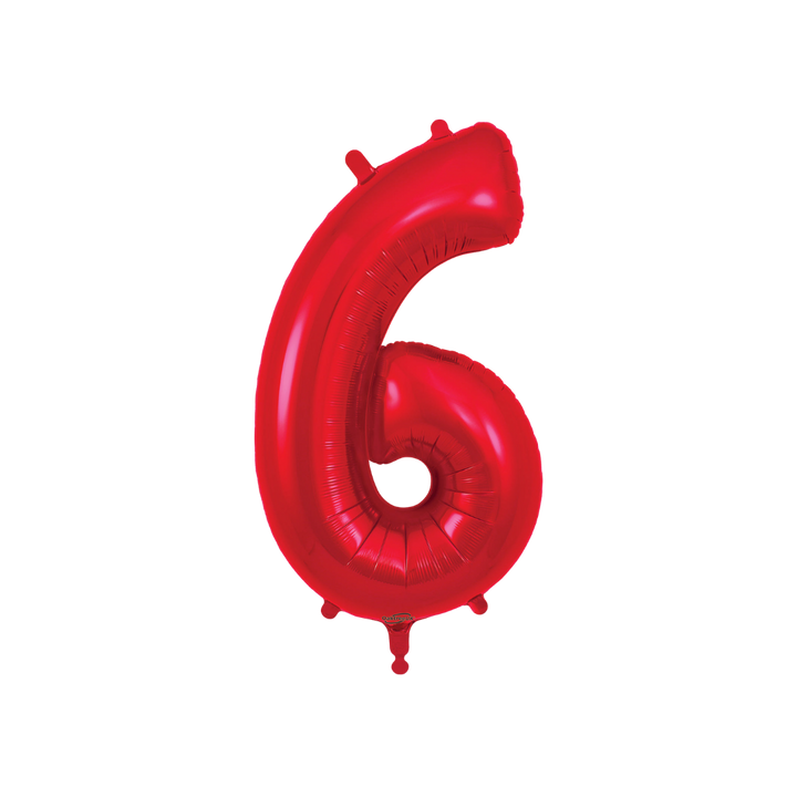 Red 34in number 6 foil balloon for birthday parties – from Parte Haus party supply store in Bethesda, Maryland.