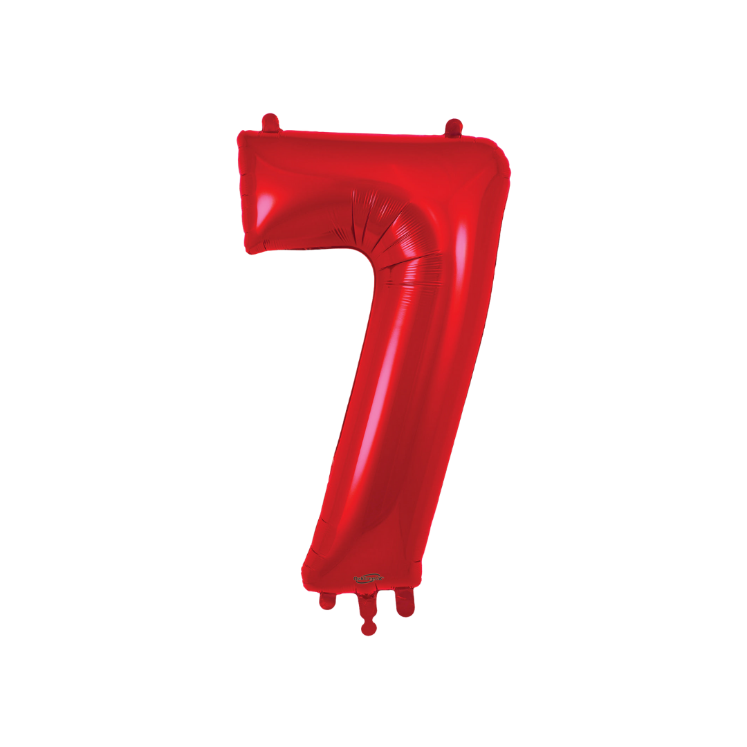 Red 34in number 7 foil balloon for birthday parties – from Parte Haus party supply store in Bethesda, MD.